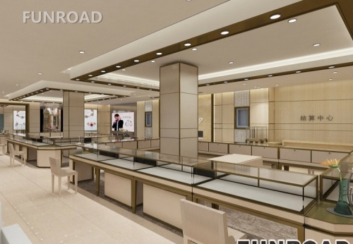 购物中心定制的木质珠宝陈列柜展示柜台设计效果图