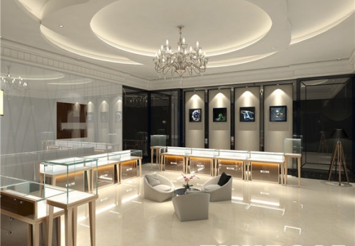 现代流向型珠宝木质烤漆新款珠宝店展示柜台陈列设计效果图